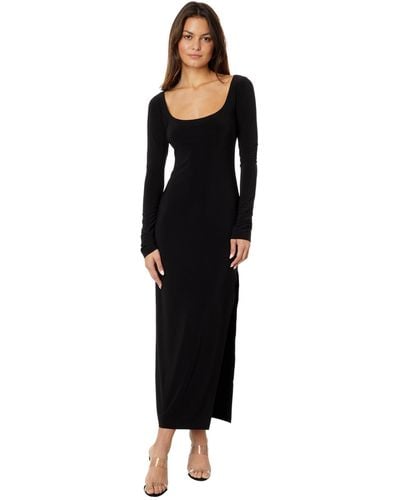 Norma Kamali Long Sleeve Deep Scoop Neck Side Slit Gown - Black