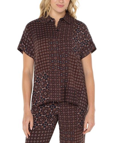 Liverpool Los Angeles Collared Camp Shirt With High-low Hem - Brown