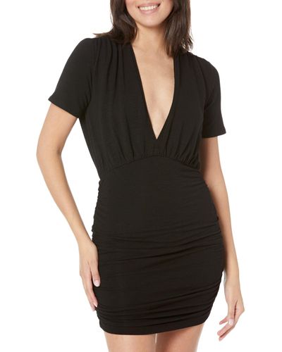Monrow Supersoft Deep V-neck Shirred Dress - Black