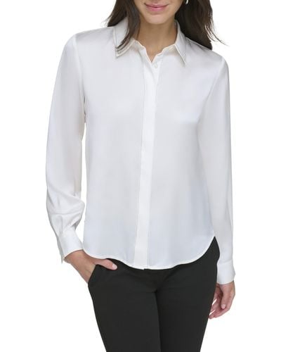 DKNY Long Sleeve Shirt Collar Button Front With Contrast Stitch - White