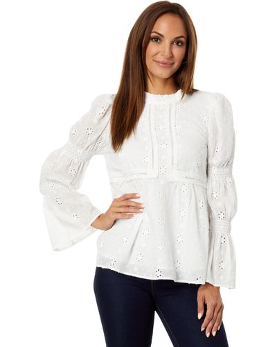 English Factory Embroidered Swiss Dot Ruched Sleeve Top - White