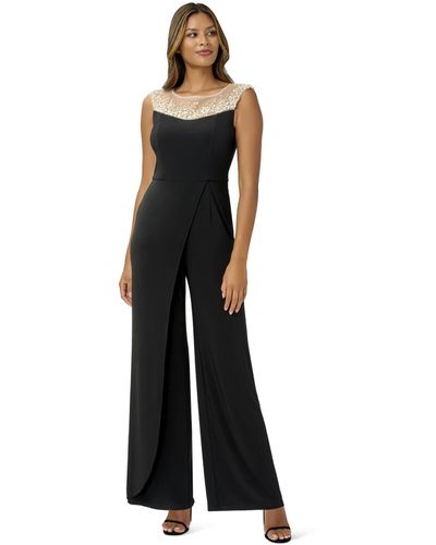 Adrianna Papell Jumpsuit With Beaded Illusion Neckline - Black