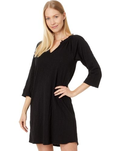 Mod-o-doc 3/4 Sleeve Shirred Split Neck Dress - Black
