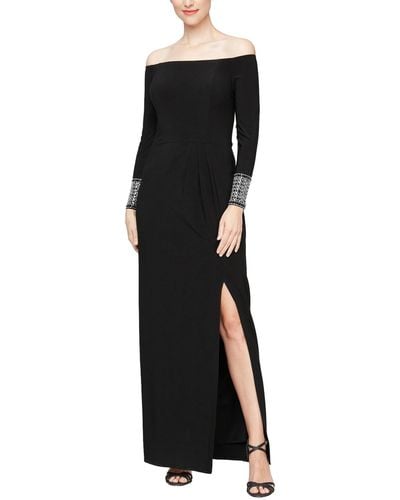 Alex Evenings Long Matte Jersey Off The Shoulder Gown With Beaded Cuff Long Sleeves - Black