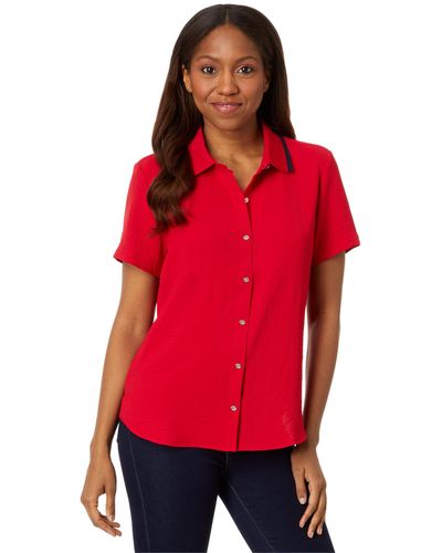 Tommy Hilfiger Short Sleeve Button Up With Ribbed Collar - Red
