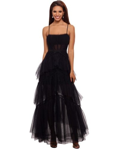 Betsy & Adam Long Corset Tiered Mesh Illusion Gown - Black