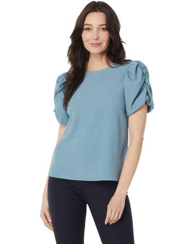 Vince Camuto Crew Neck Gathered Puff Sleeve Blouse - Blue