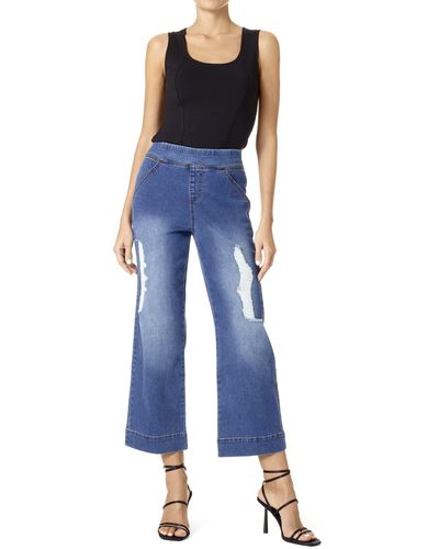 Hue High-rise Shredded Cropped Denim Flare - Blue