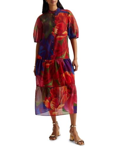 Ted Baker Miru Organza Tropical Bloom Midi Dress - Red