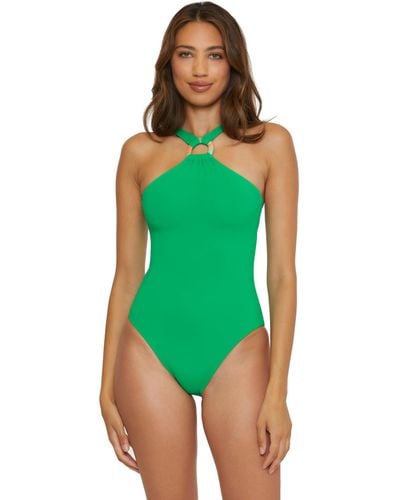 Becca Modern Edge Ribbed Lace-Up Plunge One-Piece Swimsuit