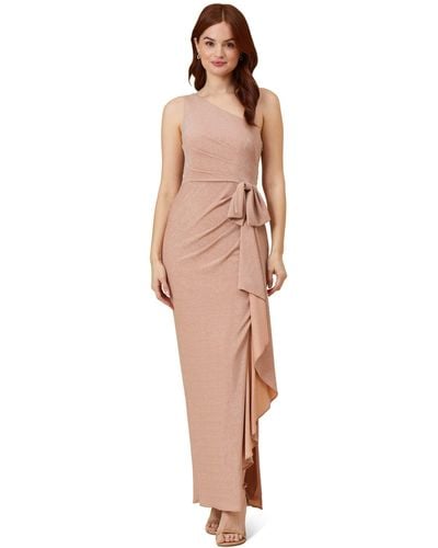 Adrianna Papell Long Stretch Metallic Knit One Shoulder Cascade Side Draped Gown - Natural