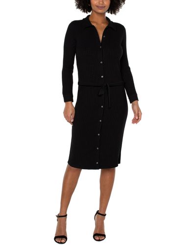 Liverpool Los Angeles Button Front Long Sleeve Knit Shirt Dress - Black