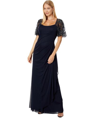 Xscape Long Sheer Matte Jersey Ruched 3/4 Bead Sleeve - Blue