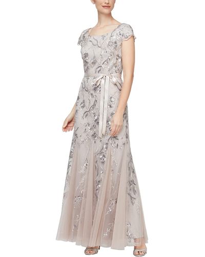 Alex Evenings Long Embroidered Dress With Godet - Natural