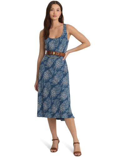 Lauren by Ralph Lauren Floral Belted Crepe Sleeveless Dress - Blue