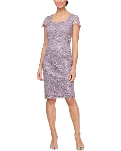 Alex Evenings Embroidered Sheath Dress With Cap Sleeves And Square Neckline - Purple