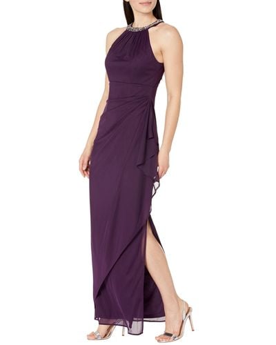 Alex Evenings Beaded Halter Long Gown With Side Ruching - Purple