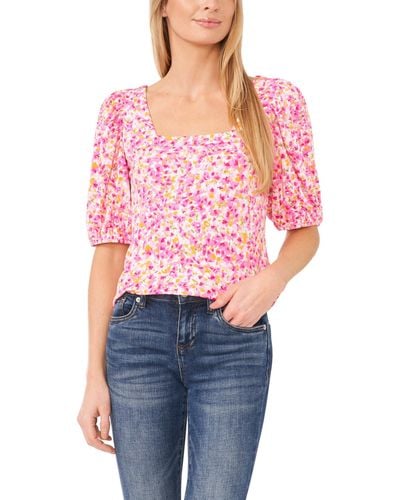 Cece Square Neck Short Puff Sleeve Top - Red