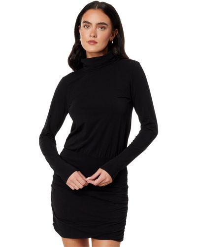 Bobi Turtleneck Long Sleeve Shirred Skirt Dress - Black