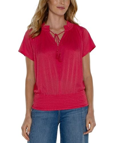 Liverpool Los Angeles Short Sleeve Smocked Raglan Knit Top With Neck Tie - Red