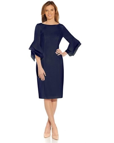 Adrianna Papell Stretch Knit Crepe Sheath Dress With Tiered Organza Bell Sleeve - Blue