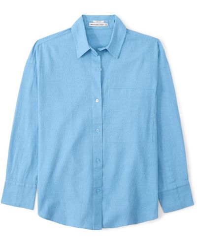Abercrombie & Fitch Long Sleeve Oversized Linen Resort Shirt - Blue