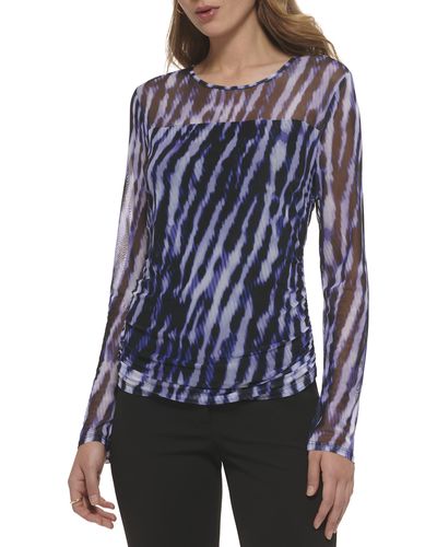 DKNY Long Sleeve Crew Neck Printed Mesh Top - Blue