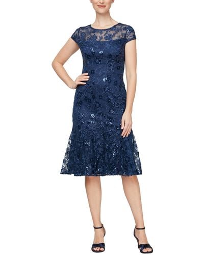 Alex Evenings Short Embroidered Dress With Flounce Detail Skirt And Cap Sleeves - Blue