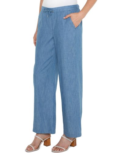 Liverpool Los Angeles Chambray Mid-rise Relaxed Wide Leg Pull On Tie Waist Pant 30 - Blue