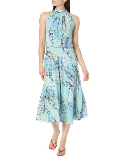 Adrianna Papell Mock Neck Printed Water Color Midi Dress - Blue