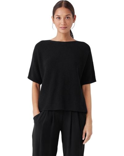Eileen Fisher Bateau Neck Elbow Sleeve Pullover - Black