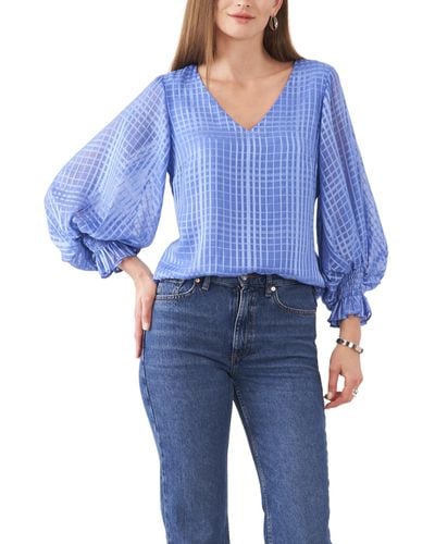Vince Camuto V-neck Puff Sleeve Blouse With Smock Cuff - Blue