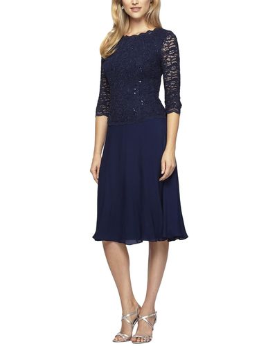 Alex Evenings Tea Length Sequin Lace Mock Dress - Blue