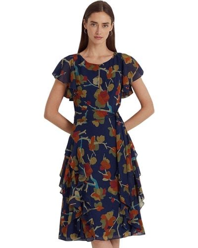 Lauren by Ralph Lauren Floral Ruffle-trim Georgette Dress - Blue