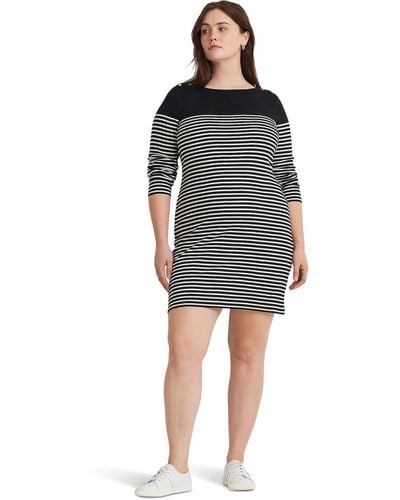 Lauren by Ralph Lauren Plus-size Striped Cotton Boatneck Dress - Gray