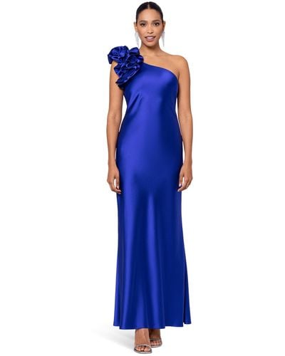 Xscape Ths Long Satin Is Sure To Be A Showstopper At Any Event With The Carefull Crafter Ruffle Shoulder - Blue