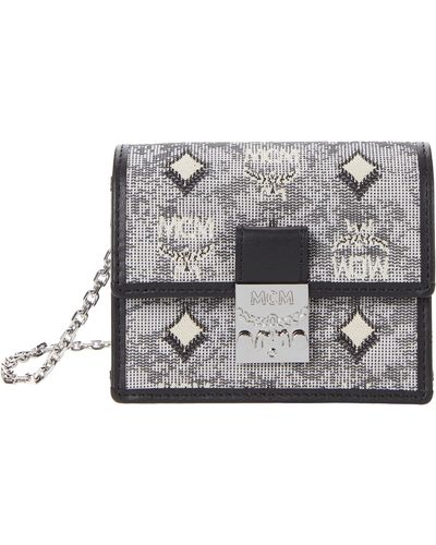 MCM Vintage Jacquard Card Wallet On A Chain - Gray