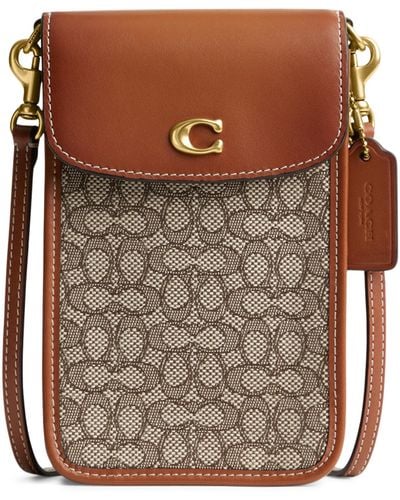 COACH Mini Signature Jacquard C Phone Crossbody - Brown