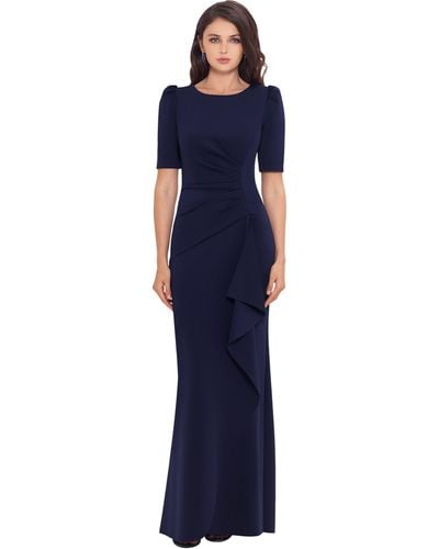 Xscape 3/4 Sleeve Long Scuba Dress With Side Ruching - Blue
