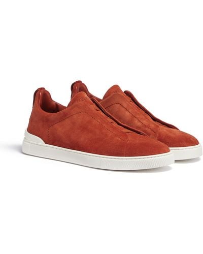 Zegna Rust Suede Triple Stitch Trainers - Red