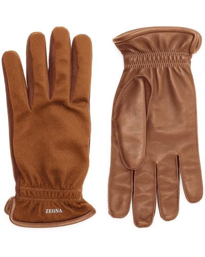 Zegna Foliage Oasi Cashmere And Leather Gloves - Brown