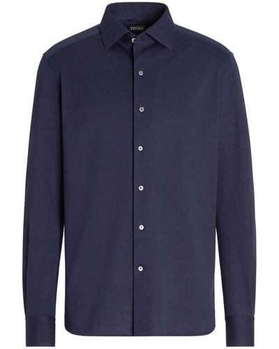 Zegna Pure Cotton Jersey Long-Sleeve Shirt - Blue