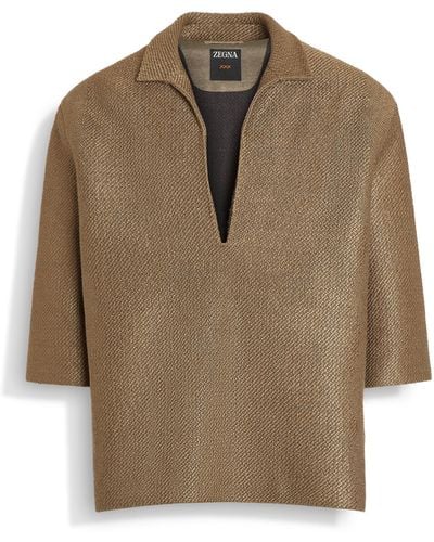 ZEGNA Dark Taupe Silk And Linen Polo Shirt - Natural