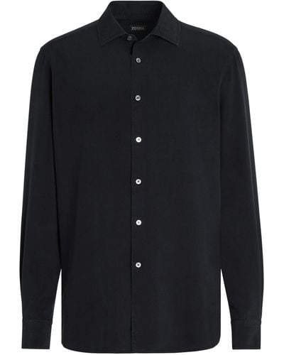 Zegna Garment Dyed Pure Silk Long-Sleeve Shirt - Blue