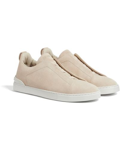 ZEGNA Light Suede Triple Stitch Sneakers - White