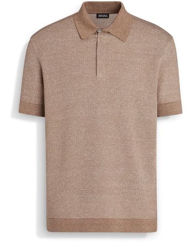 ZEGNA Dark Cotton Linen And Silk Polo Shirt - Natural
