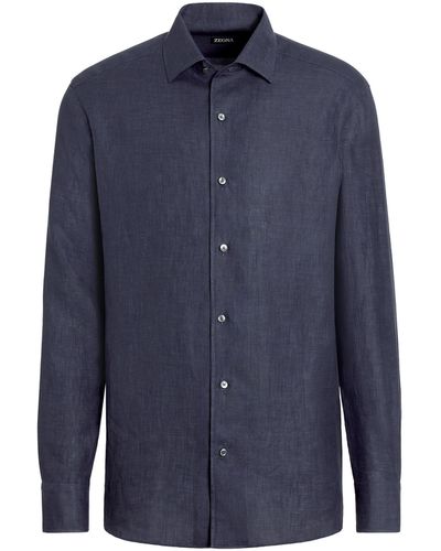 Zegna Pure Linen Long-Sleeve Shirt - Blue