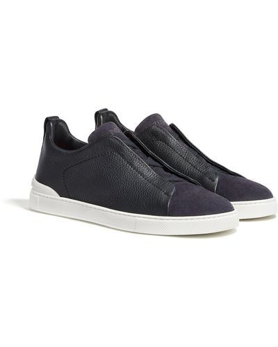 Zegna Leather And Suede Triple Stitch Trainers - Blue