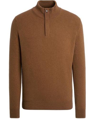 Zegna Dark Foliage Oasi Cashmere Zip Mock Neck Sweater - Brown