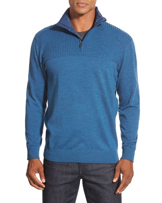 Bugatchi Quarter Zip Merino Wool Sweater With Quilted Elbow Patches in ...